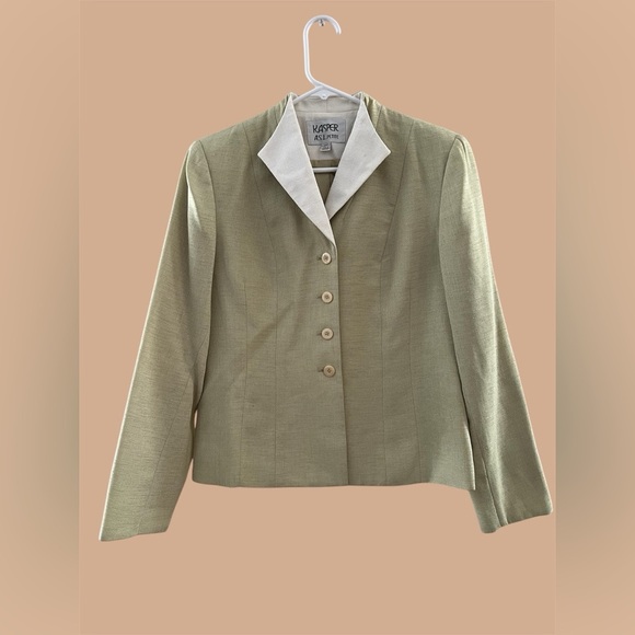 Vintage Kasper Blazer Jacket Sage Green White Collar ASL Petite Size 4 - Picture 1 of 14